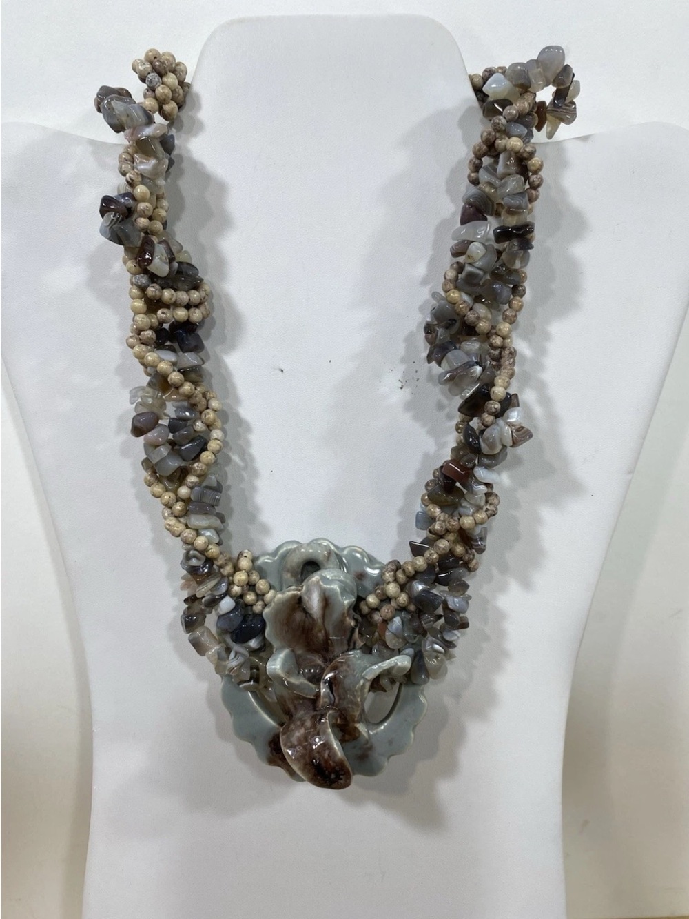 Vtg Artisan Chunky Statement Necklace Ceramic Orchid Braided Multi Strand Stones